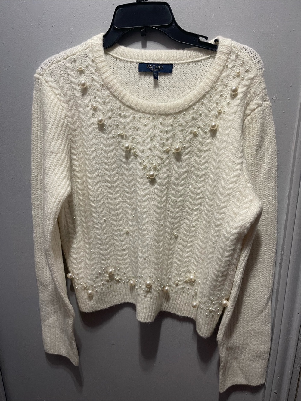 RACHEL Rachel Roy Ivory Pearl-Embellished Cable Knit Crew Sweater